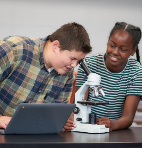 A group of students looking through microscopes.
