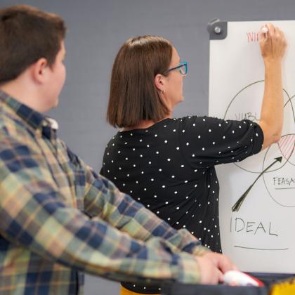 Students watching as their teacher writes on a white board.