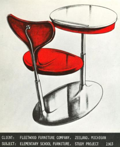 A concept sketch of an attached table and chair from 1963