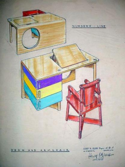 A colorful sketch of a desk and table concept.