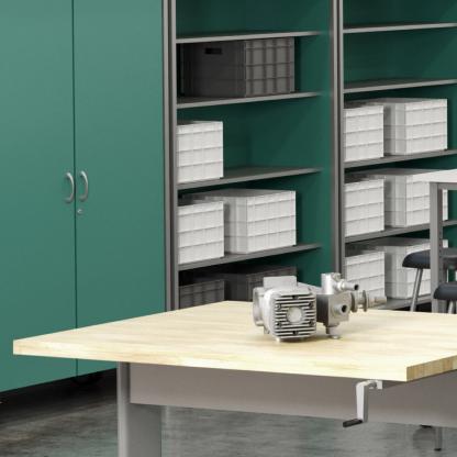 Shelving units against the back wall of a classroom.