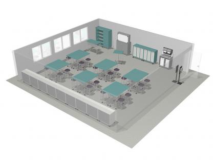 Classroom with high tables and backless stools
