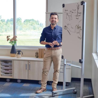Teacher standing next to whiteboard.