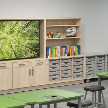 Drawers and shelves for group storage.