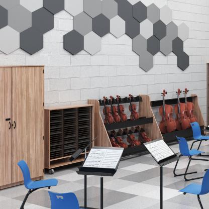 Music instruments and cubby storage.