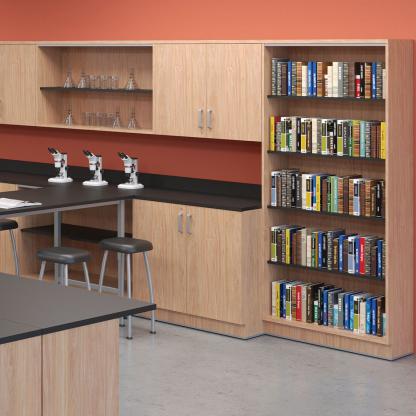 Shelves with books and science equipment.