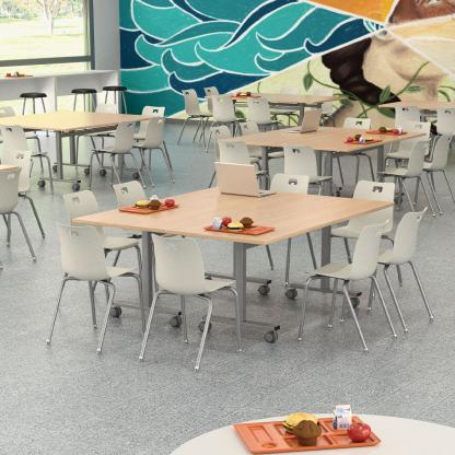 Groups of tables in cafeteria.