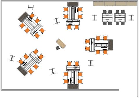 Computer lab plan with group seating around podium