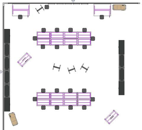 CTE classroom floor plan with two rows of seating