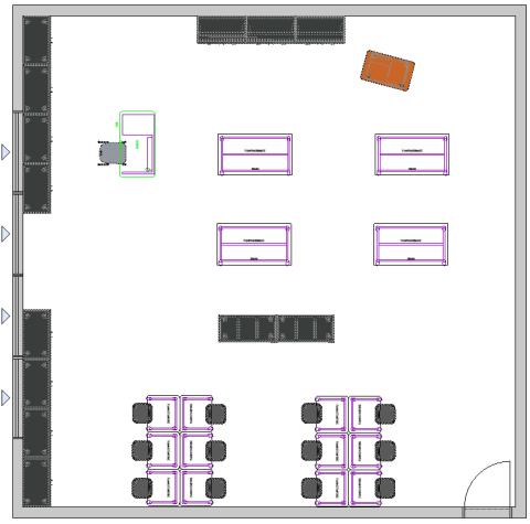 CTE classroom floor plan with worktables