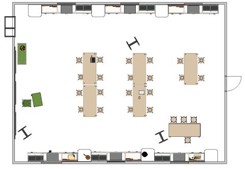 Kitchen classroom floor plan with open seating in center