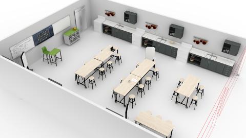 Kitchen classroom with open seating in center