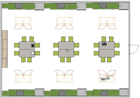 Kitchen classroom floor plan with group seating