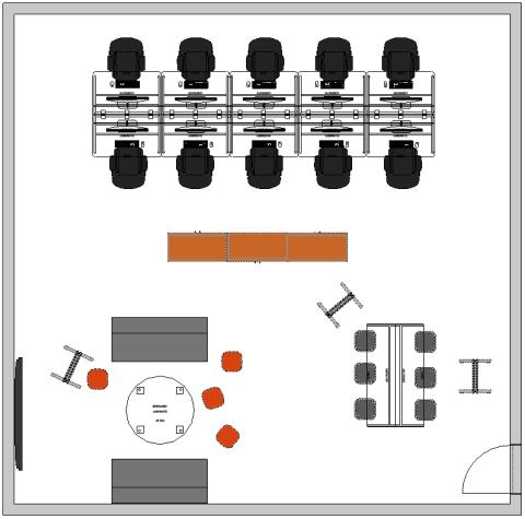 Gaming room plan with couches and desks for computers