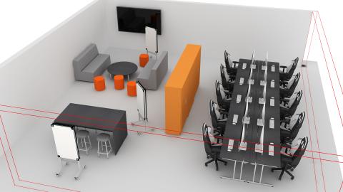 Gaming room with couches and desks for computers