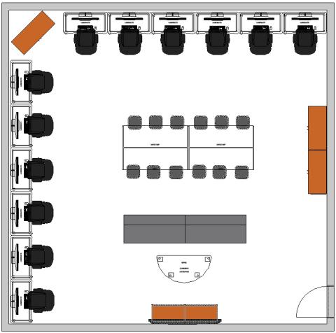 Gaming room plan with computers and desks against back walls