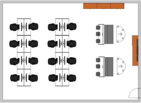 Gaming room plan with two rows of desks with monitors