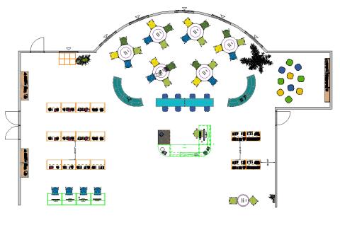 Library floor plan with round tables for groups