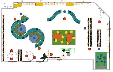 Library floor plan for elementary students with curved shelving