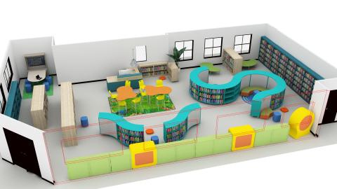 Library for elementary students with curved shelving