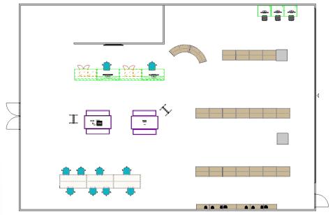 Library floor plan with transaction desk and benches