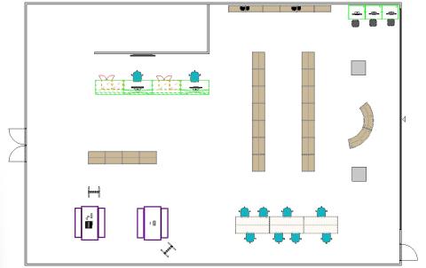 Library floor plan with benches and transaction desk