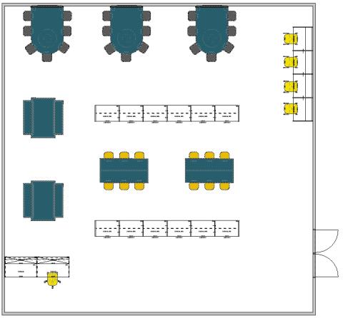 Media center floor plan with tables for groups and carrels