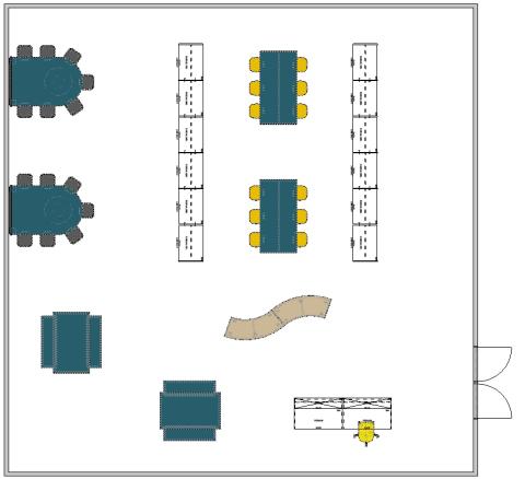 Media center floor plan with group seating and curved shelving