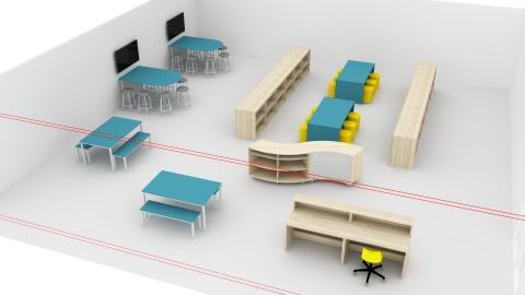 Media center with group seating and curved shelving