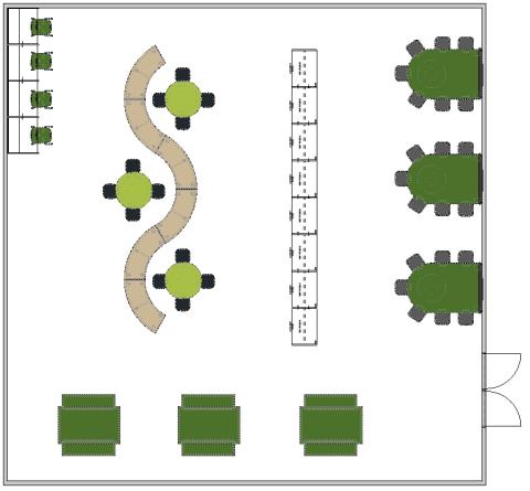 Media center floor plan with curved bookshelves and carrel desks