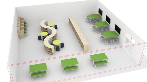 Media center with curved bookshelves and carrel desks