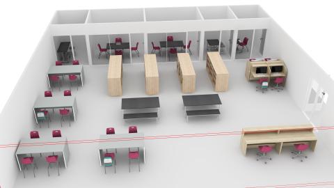 Media center with tables and carrel desks