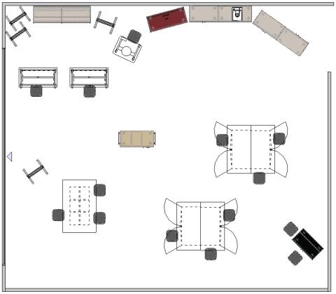 Makerspace floor plan with grouped seating and storage