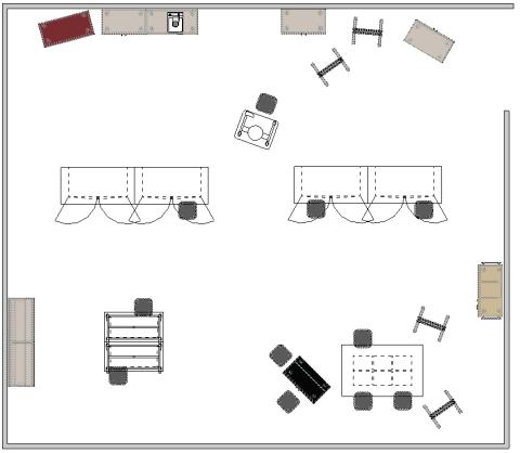 Makerspace floor plan with work benches and storage