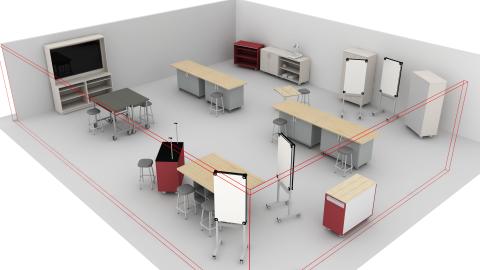 Makerspace with work benches and storage
