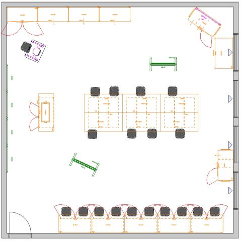 Makerspace floor plan with work benches and Sheerline storage