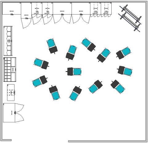 Music classroom floorplan with seating in the middle