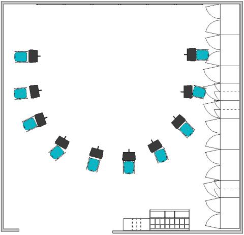 Music classroom floor plan with seating arranged in semi circle