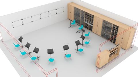 Music classroom with seating arranged in semi circle