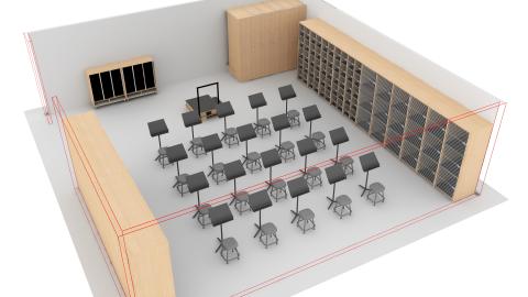 Music room with seats arranged in rows