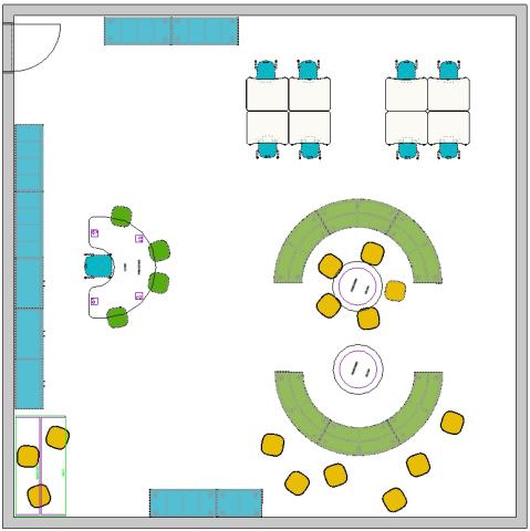 Preschool classroom floor plan with a variety of group seating