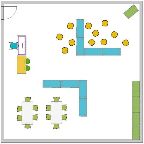 Preschool classroom floor plan divided by shelving into sections