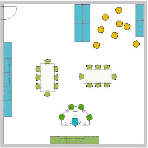Preschool classroom floor plan with tables and floor cushions