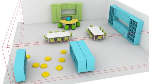 Preschool classroom with tables and floor cushions