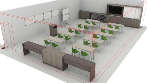 Portable classroom with two rows of seating