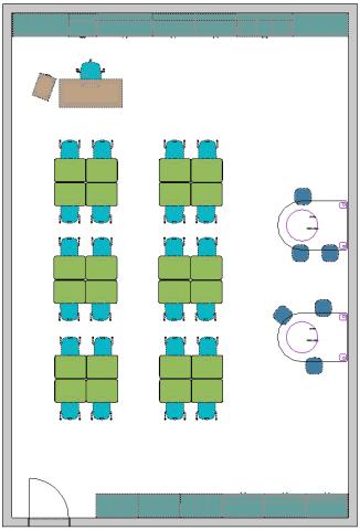 Portable classroom floor plan with desks formed into groups