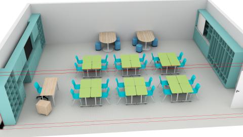 Portable classroom with desks formed into groups