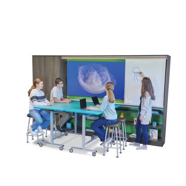 Students with stools and desk
