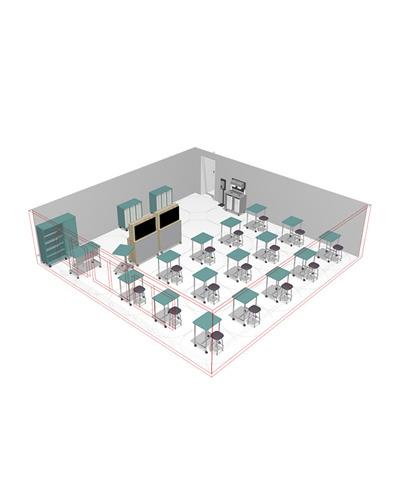 Classroom floor plan with desks 6 feet apart