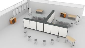 CTE classroom sectioned into three spaces